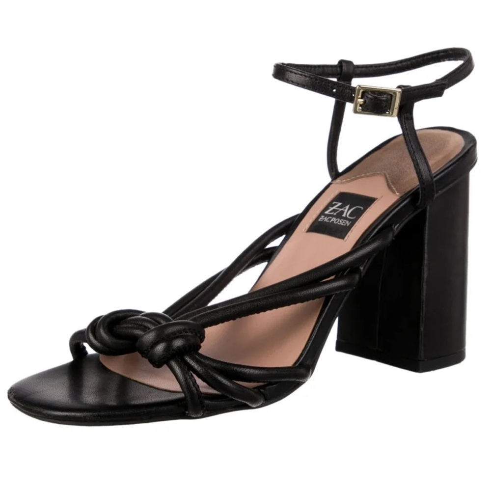 ZAC by Zac Posen YANNI Black Genuine Leather Knot Strappy Block Heel Sandals 8